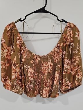 Rip Curl Olive and Pink Floral Smocked Off-Shoulder Crop Top
